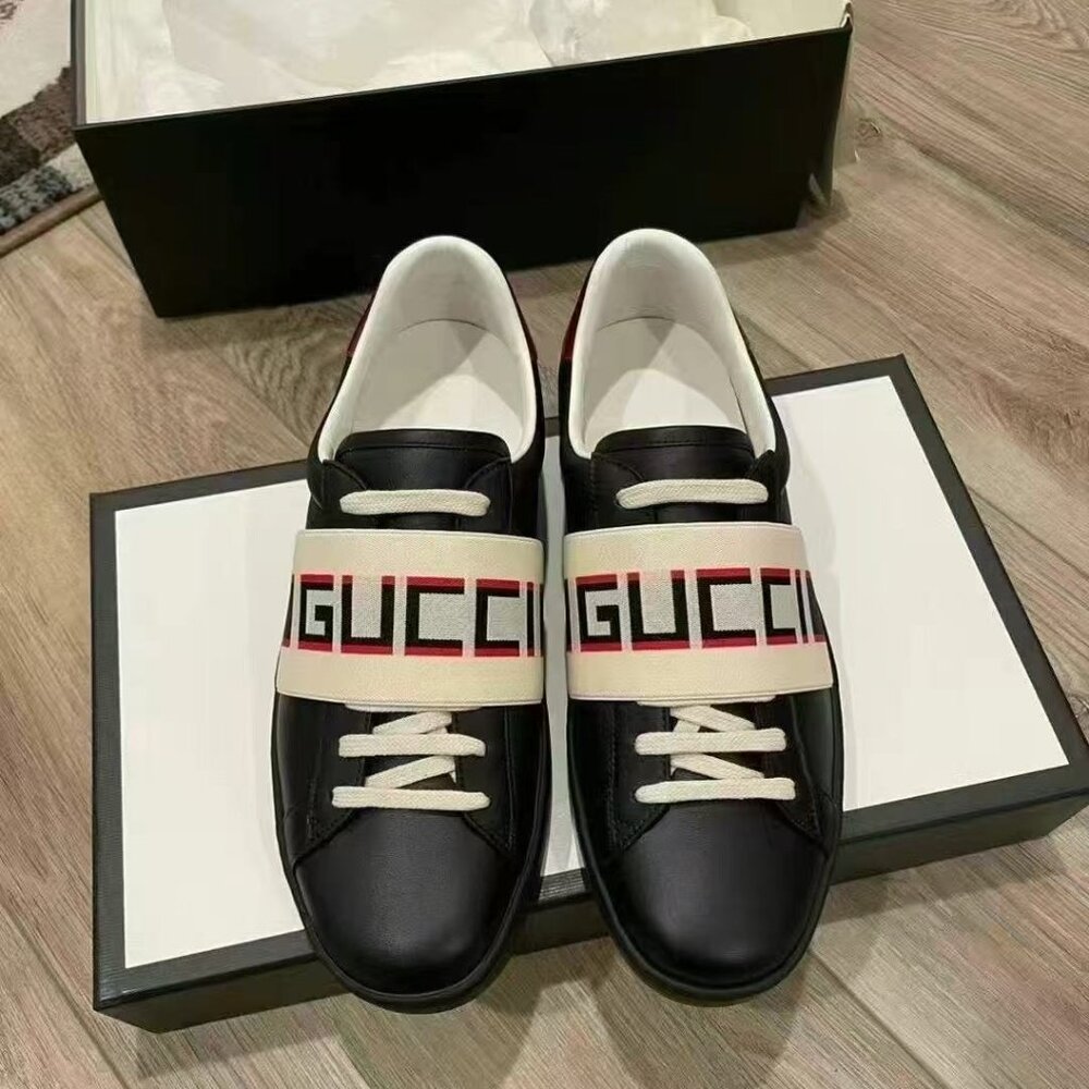NIB Authentic Gucci Calfskin Stripe Mens New Ace Sneakers Crop Ecru Black - Picture 2 of 5